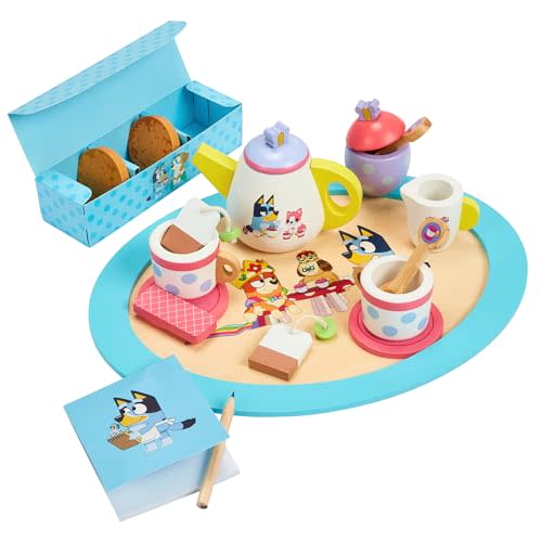 Bluey Wooden Tea Party Set  18 PC Pretend Play Set with Tray, Teapot, Tea Cups, Biscuits, Sugar Pot, Notepad & Pencil- Durable, Eco-Friendly FSC Certified Wood  Imaginative Role Play Toy for Kids 3+