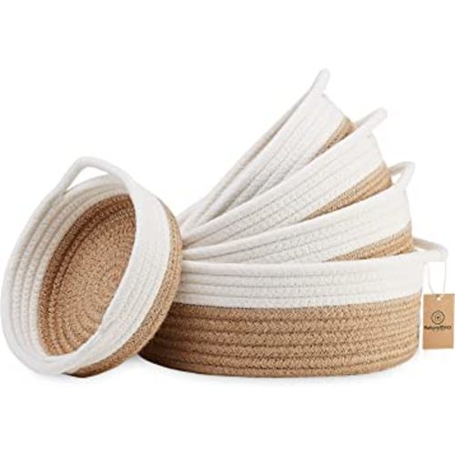 NaturalCozy 5-Piece Round Small Woven Baskets Set– Cotton Rope Baskets for Organizing! Montessori Toys, Fruits Remotes Key Tray Bowl for Entryway Desk, Shallow Catchall Home Décor, Cat Dog Bin Gift