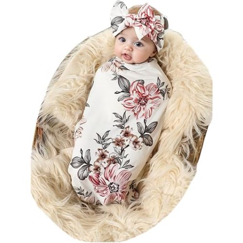 Galabloomer Receiving Blanket Headband Set Flower Print Baby Swaddle Receiving Blankets (Brown Pink)