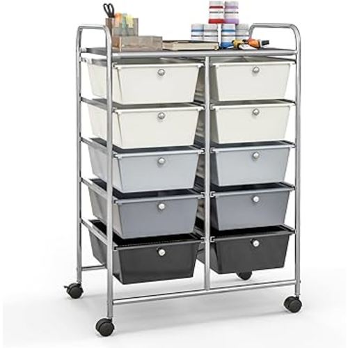 Giantex 10 Drawers Rolling Cart, Classroom Organizers, Storage Cart with Wheels, for Teacher Office Home School Supplies Tool Craft Art Paper, Gray Gradient