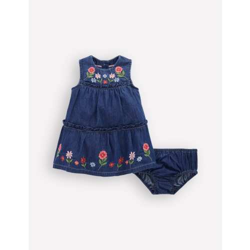 Tiered Ruffle Dress-Chambray Embroidery