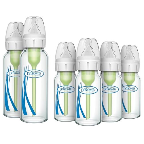 Dr. Brown's Natural Flow Anti-Colic Options+ Narrow Glass Baby Bottles, 4 oz 4-Pack & 8 oz 2-Pack, with Level 1 Slow Flow Nipples, Anti-Colic Vent System, BPA Free, Dishwasher Safe, 0m+