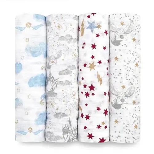 aden + anais Swaddle Blanket, Boutique Muslin Blankets for Girls & Boys, Baby Receiving Swaddles, Ideal Newborn & Infant Swaddling Set, Perfect Shower Gifts, 4 Pack, Harry Potter