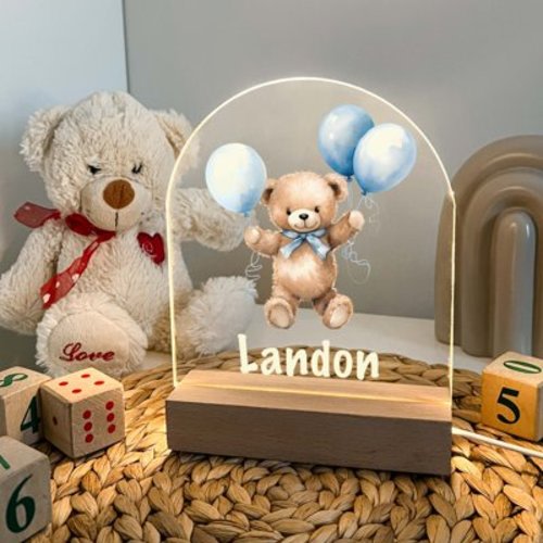 Personalized Blue Teddy Bear Night Lamp For Kids, Cute Baby Gift, Custom Baby Boys Night Light, Nursery Decor, Baby Bear Night Light Gift