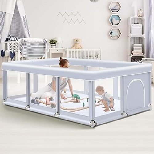 Baby Playpen 74"x50" Play Pens for Babies and Toddlers, Large Play Yards for Indoor & Outdoor with Zipper Gates, Breathable Mesh with Anti-Slip Base