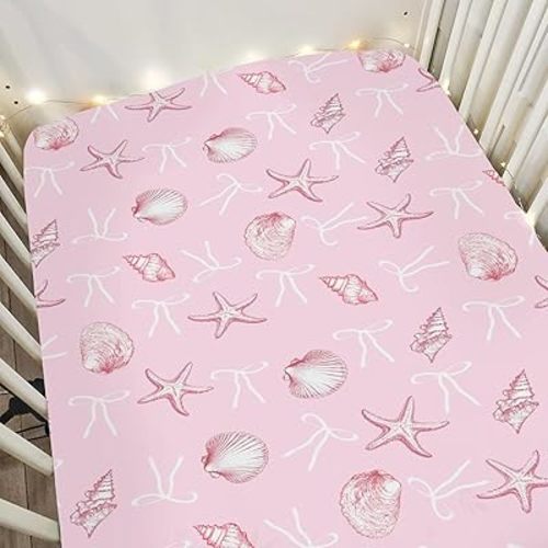 Summer Conches Bows Sea Baby Crib Sheets for Boy Girl 52"x28" Ocean Seashells Beach Soft Snug Fitted Crib Mattress Covers Boho Nautical Life Baby Sheet for Standard Crib and Toddler Bed Mattress Pink
