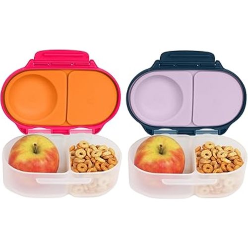b.box Snack Box (2-pack) for Kids & Toddlers: 2 Compartment Snack Containers, Mini Bento Box, Lunch Box. Leak Proof, BPA free, Dishwasher safe. Ages 4 months+ (s'shake + indigo rose, 12oz capacity)