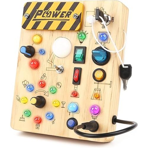 Joyreal Montessori Busy Board Wooden Sensory Toys for Toddler with LED Light Up Switch, Baby Fidget Board Travel Toys for 18+ Months, 1 2 3 Year Old Boys Girls Toddler Toys Gifts