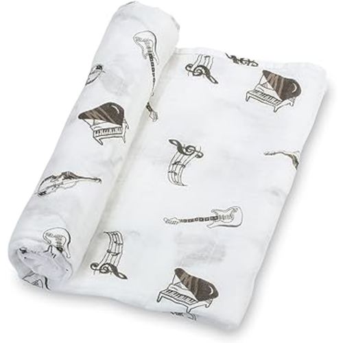 Swaddle Blanket | 100% Muslin Cotton | Gender Neutral Newborn and Baby Nursery Essentials for Girls and Boys, Registry | Music Instrument Print