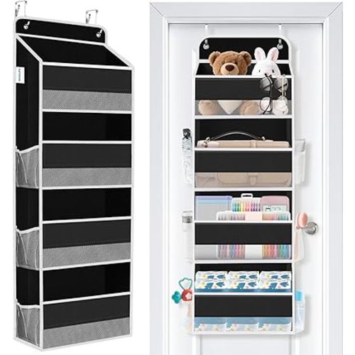 WISELIFE Over The Door Organizer Storage 4 Shelves Large Capacity Hanging Bedroom Storage Solution with 6 Side Pockets for Dorm Bathroom Pantry Nursery and Baby Essentials Holds up to 40 Lbs (Black)