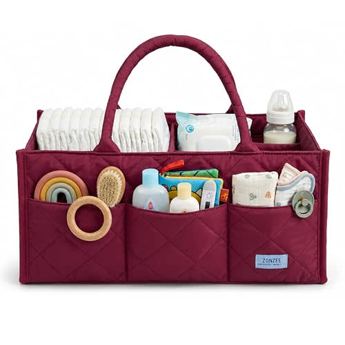 Baby Diaper Caddy Organiser with Zipper Pockets & Removable Dividers Soft Quilted Polyester & Silk Floss Nursery Storage Basket for Nappies, Wipes & Newborn Essentials Baby Shower Gifts Maroon