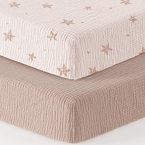 Bearmoss Muslin Mini Crib Sheets for Pack N Play Mattress - 100% Cotton - 38"x26" Soft Breathable Playard Baby Crib Sheets Neutral for Boys Girls - 2 Pack (Pink Star)