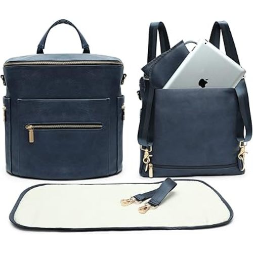 Diaper Bag Backpack Baby Diaper Bag by miss fong, Large Leather Diaper Backpack with 16 Pockets,Diaper Changing Pad, Stroller Straps & 2 Insulated Pockets (Convertible, Navy Meet Black)