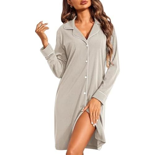 Ekouaer Womens Long Sleeve Nightgowns Button Down Sleep Shirts V-Neck Night Gowns Night Shirts