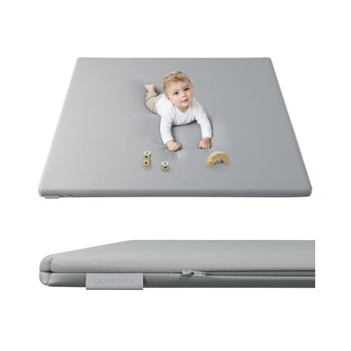 COMOMY Vegan Leather Baby Play Mats for Floor, 50 x 50 Play Mat for Playpen, Thickened High-Density Foam Playmats for Babies and Toddlers - Extra Soft and Resilient, Easy to Wipe Clean, Light Gray