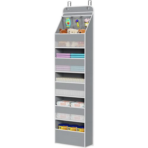 Univivi 6-Shelf Over Door Hanging Organizer Fabric Baby Door Storage with 5 Large Pockets and 3 Small PVC Pockets Wall Mount Hanging Storage Organizers for Baby Essential (Grey)