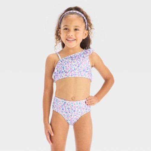 Toddler Girls' Leopard Spot Printed One Shoulder Ruffle Bikini Set - Cat & Jack™ Purple 3t