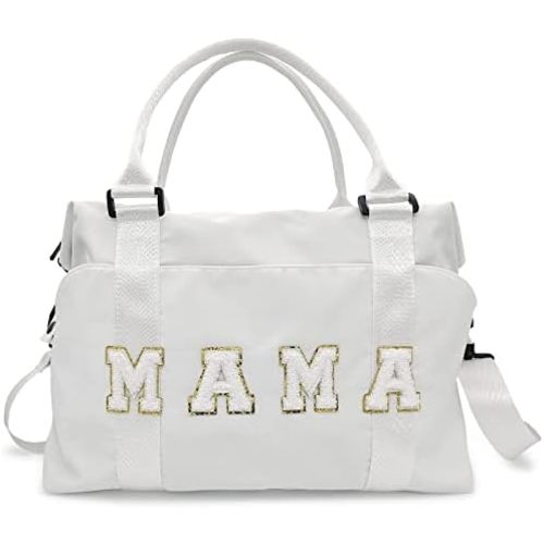 Chenille Letter Duffle Bag, Mama Bag With Patches, Nylon Chenille Letter Embroidered Travel Bag, Lightweight Adjustable Mom Hospital Bag With Zipper for Mothers Day Gifts