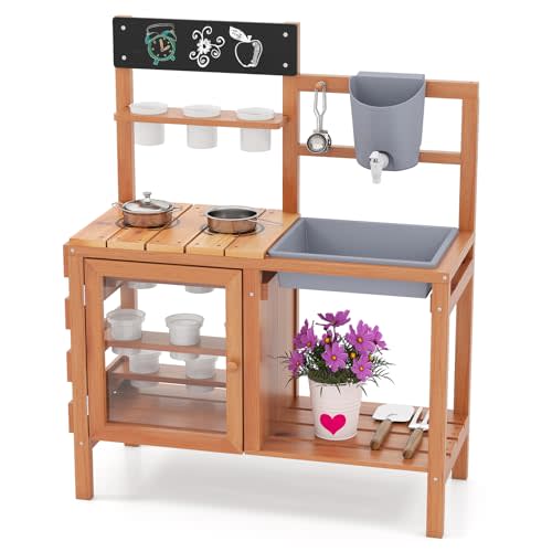 INFANS Mud Kitchen, Outdoor Wooden Play Kitchen with 12 Cups Removable Sink Cooking Accessories Kids Kitchen Playset Backyard Garden Toys Gift for Boys Girls Ages 3+