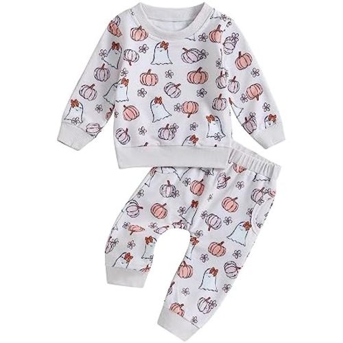 YINGISFITM Halloween Baby Girl Clothes Spooky Ghost Sweatshirt Long Sleeve Shirt Top Pants Fall Toddler Halloween Outfit Girl