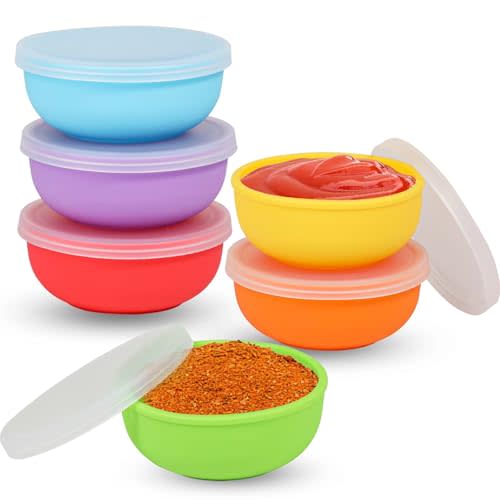 KOLUTI Nonstick Silicone 2oz Pinch Bowls Set of 6, Mini Colorful Condiment Sauce Dip Prep Bowl with Lid, Snack Serving Food Storage Mixing Containers for Side Dish, Microwave & Freezer Safe