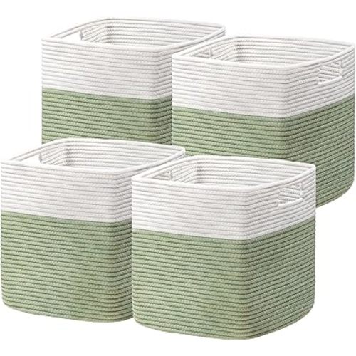 UBBCARE Storage Cubes 11 Inch, Cotton Rope Woven Baskets for Organizing, Cube Storage Bin for Baby Nursery, 4-Pack Square Toy Storage Baskets for Shleves Organizer, Closet, Kidsroom, White Green