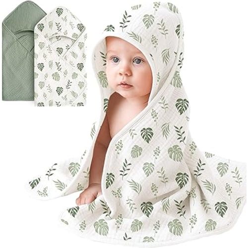 Muslin Baby Hooded Towels 2 Pack – 32x32 Inch Soft Absorbent Cotton Bath Towels with Hanging Loop, for Newborns and Toddlers