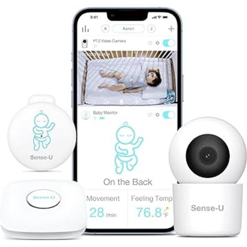 Sense-U Smart Baby Monitor + 2K PTZ Camera - Tracks Abdominal Movement, Rollover, Temp, 2K Video, Audio, Motion, with Pan-Tilt-Zoom, Night Vision