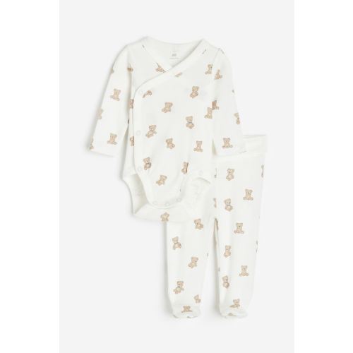 2-piece Cotton Set, White/teddy bears