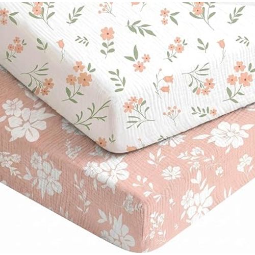 2 Pack Baby Muslin Crib Sheets for Boys Girls 52" x 28"(Pink Floral)