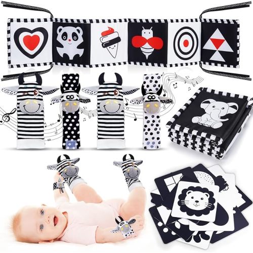 Baby Rattle Socks & Wrist Toys Black and White Baby Toys 0-3 Months for Newborn High Contrast Baby Toys Tummy Time Toys Set Babies Sensory Montessori Toys Infant Toys Baby Essentials 0-3-6 Months - Black and White Toys-b