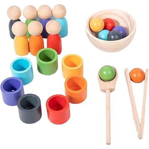 Rainbow Balls in Cups Toddler Montessori Toys for 3 Year Old Up, Kids Preschool Wooden Matching Games for Learning Color Sorting and Counting