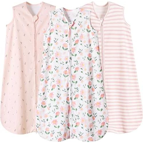 PHF 100% Organic Cotton Baby Sleep Sack 0-6 Months, Soft Lightweight Wearable Blanket for Babies, 2-Way Zipper 0.3 TOG Comfy Toddler Sleeping Sack 3 Pack for Boys Girls Neutral, Pink Floral (Small)