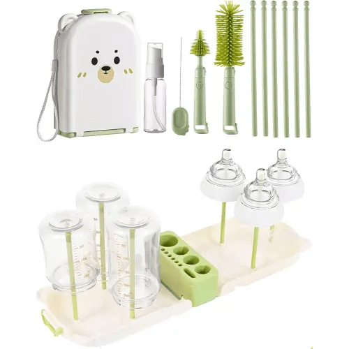 Travel Bottle Cleaner kit, 7in1 Baby Toddler Travel Essential Silicone Bottle Brush Set, Nipple, Drying Rack, Straw, & Breast Pump Cleaning, Soap Dispenser & Organizer Case, Gift for Mom