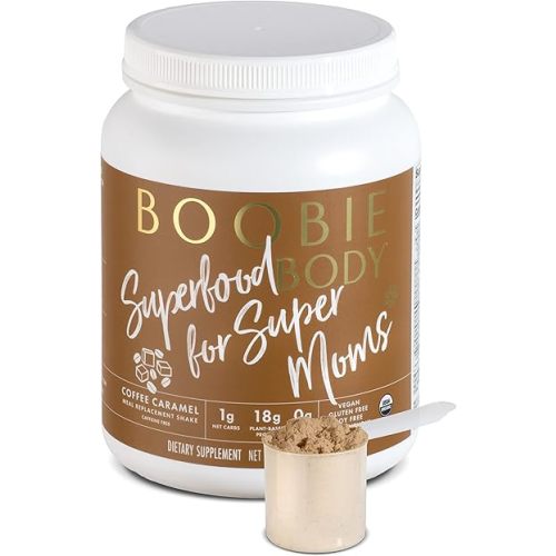 Boobie Body Superfood Protein Meal Replacement Shake, Coffee Caramel Flavor | 19g Protein | Safe For Pregnancy, Lactation, & Motherhood | Organic, Vegan, Zero Sugar, 1 Tub (21.2 oz.)