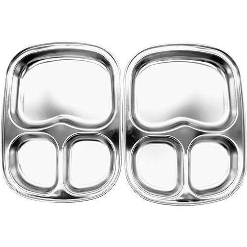 Korean Stainless Steel Divided Plates, Kids Toddlers Babies Tray, BPA Free, Diet Food Control, Camping Dishes, Compact Serving Platter, Dinner Snack, 3 Compartment Plate Silver, Set of 2