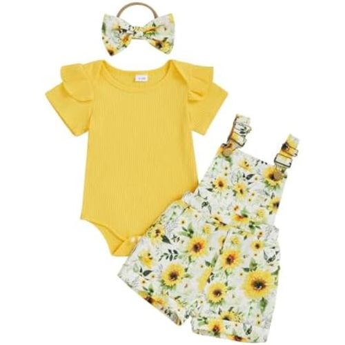Newborn Baby Girl Summer Clothes Ruffle Ribbed Short Sleeve Romper Daisy Suspender Overall Shorts Cute Summer Outfit