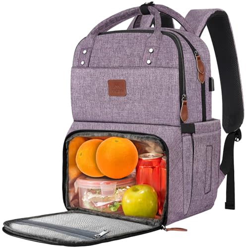 MATEIN Womens Backpack with Lunch Compartment, 17 Inch Laptop Backpack with USB Port, Water Resistant Cooler Backpack Tote Food Bag for Work College Travel Camping Picnic, Gift for Her (Purple)