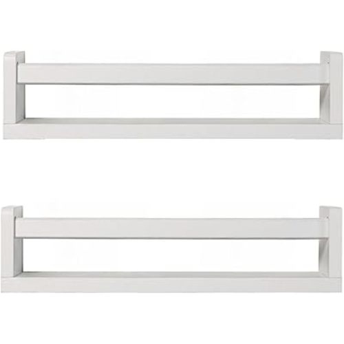 Nursery Book Shelves | Set of 2 Wood Floating Shelves for Kids Room, Kitchen Spice Rack, or Rustic Wall Mounted | Farmhouse Bathroom Décor (Rustic White).