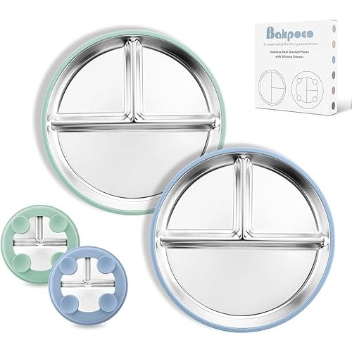 8” Stainless Steel Toddler Plate with Suction, Divided Plates with Removable Silicone Sleeves for Kids, Non Toxic & BPA Free | Non Slip | Unbreakable Baby Snack Dishes Set of 2, Blue & Sage