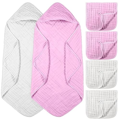 6 Pcs Baby Muslin Hooded Bath Towels and Washcloths, 32 x 32 Inch Muslin Cotton Hooded Baby Towels Absorbent Blankets for Gift Newborn Infant Shower(White, Pink)