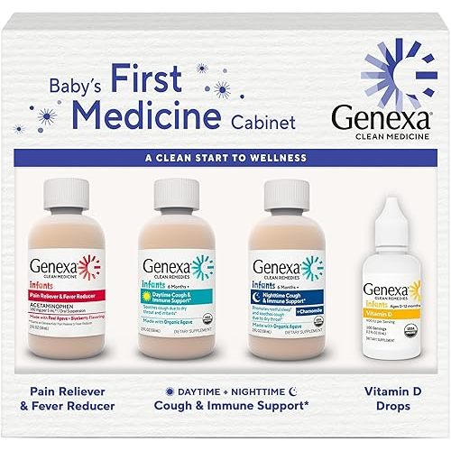 Genexa Baby’s First Medicine Cabinet, 4-Pack Gift Set – Infant Pain Relief & Fever Reducer, Organic Baby Cough Syrup and Vitamin D 400 IU, Dye-Free Baby Health Essentials for Infants & Toddlers