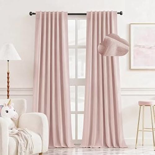 HOMEIDEAS 100% Chenille Blackout Curtains for Bedroom Light Pink Curtains 84 Inch Length 2 Panels for Living Room/Nursery Thermal Insulated Rod Pocket & Back Tabs Window Drapes, W52 x L84