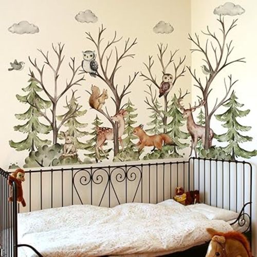 Forest Animal Wall Decals, Large Watercolor Woodland Nursery Wall Art, 51.57x33.28 Inches Peel and Stick Wall Stickers with Deer, Fox, Owl for Kids Room, Baby Boy Girl Room Decor (Brown Green)