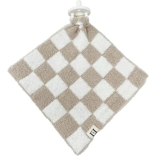 Checkered Baby Lovey Pacifier Holder 10"x10" - Cuddly Soft Knitted Reversible Mini Comfort Security Blanket - Snuggle Newborn Gift Essential for Babies Boys and Girls (Tan/White)