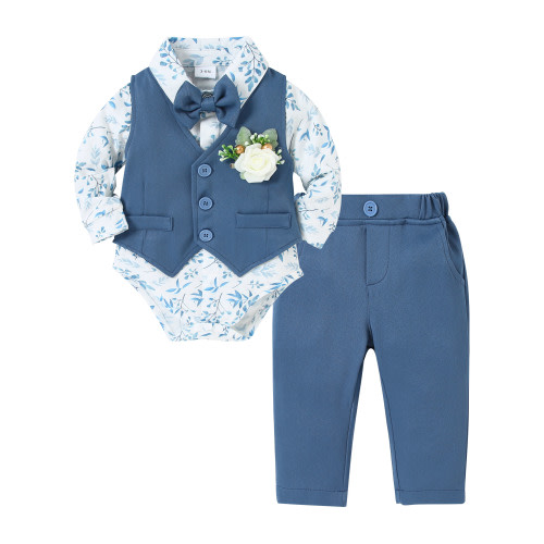 CARETOO Baby Boy Clothes Suit Infant Gentleman Outfit Shirt Bowtie Waistcoat Pants Corsage Set 5PCS
