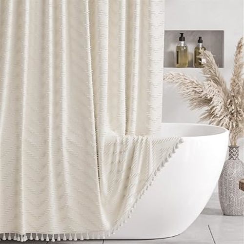 AmazerBath Boho Farmhouse Shower Curtain with Tassels, Beige Shower Curtain Fabric, Soft Cloth Shower Curtains for Bathroom, Chevron Rustic Shower Curtain with Hooks, Hotel Quality, 72x72 Inches