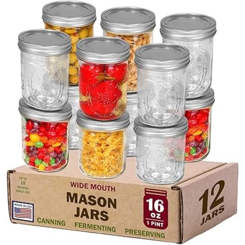 Wide Mouth Mason Jars 16 oz. (12 Pack) - Pint Size Jars with Airtight Lids and Bands - Made in USA - for Canning, Fermenting, Pickling, or DIY Decors and Projects Bundled with Jar Opener