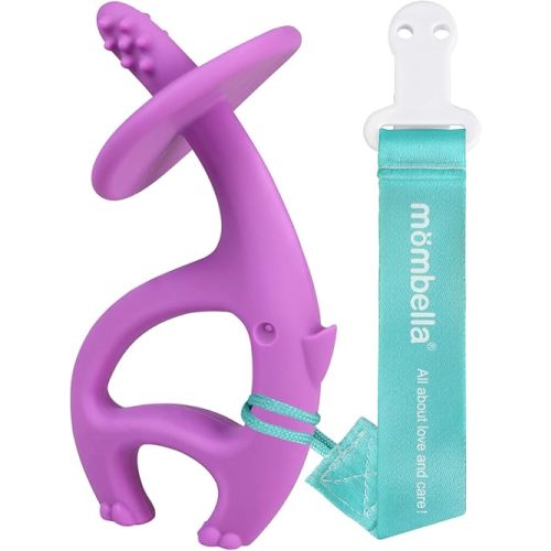 Mombella Baby Teething Toys for Babies 3 6 12 Months with Attachment to Clip on, Soft Silicone Teether Toys, 2 in 1 Elephant Teethers & Pre-Training Toothbrush, 9 Month Old Infant Chew Toys, Purple