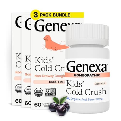 Genexa Kids' Cold Crush | Multi-Symptom Cough & Cold Relief for Children | Delicious Organic Acai Berry Flavor | Certified Organic & Non-GMO | Homeopathic Remedy Made Clean | 180 Chewable Tablets